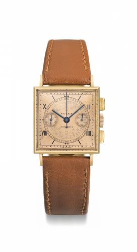 Rolex. An exceptional and early 18K pink gold square wristwatch with pink dial