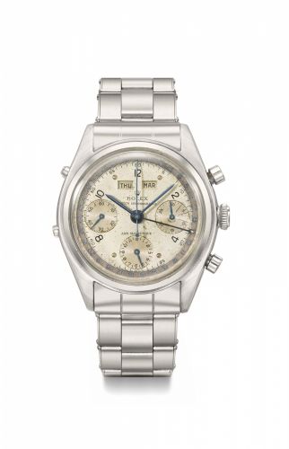 Rolex. A very fine, rare and important stainless steel triple calendar chronograph wristwatch with two-tone silvered dial and bracelet