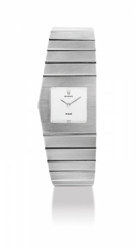ROLEX. AN UNUSAL AND RARE 18K WHITE GOLD ASYMMETRIC LEFT HANDED BRACELET WATCH