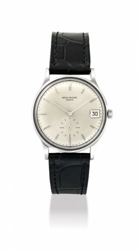 PATEK PHILIPPE. A FINE 18K WHITE GOLD AUTOMATIC WRISTWATCH WITH DATE