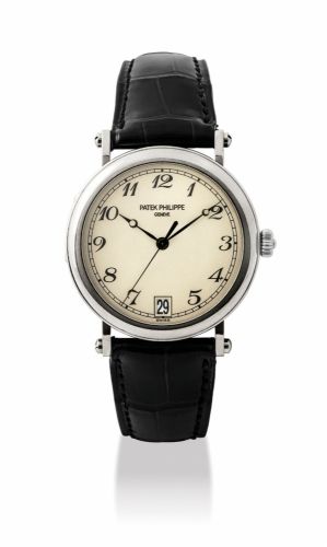 PATEK PHILIPPE. A FINE 18K WHITE GOLD AUTOMATIC WRISTWATCH WITH SWEEP CENTRE SECONDS, DATE, BREGUET NUMERALS, ORIGINAL CERTIFICATE AND BOX