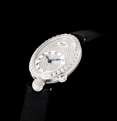 BREGUET. A LADY/bb’/bbS FINE 18K WHITE GOLD, DIAMOND AND MOTHER-OF-PEARL-SET OVOID-SHAPED AUTOMATIC WRISTWATCH/b