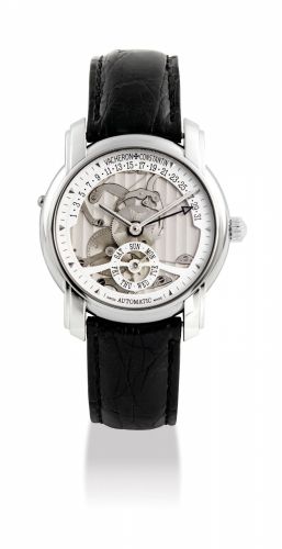 VACHERON CONSTANTIN. A FINE AND RARE PLATINUM LIMITED EDITION AUTOMATIC SEMI-SKELETONISED WRISTWATCH WITH DAY AND RETROGRADE DATE, MADE TO COMMEMORATE THE 247TH ANNIVERSARY OF VACHERON CONSTANTIN