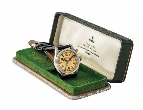 ROLEX. A SMALL AND EXTREMELY RARE STAINLESS STEEL SINGLE BUTTON CHRONOGRAPH WRISTWATCH WITH TWO-TONE DIAL
