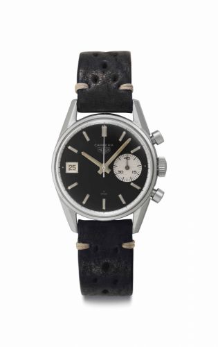 Heuer. A Fine Stainless Steel Chronograph Wristwatch with Date and Black Dial
