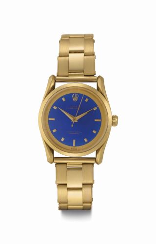 Rolex. An Extremely Rare and Attractive 18k Gold Automatic Wristwatch with Center Seconds, Bracelet and Blue Enamel Dial