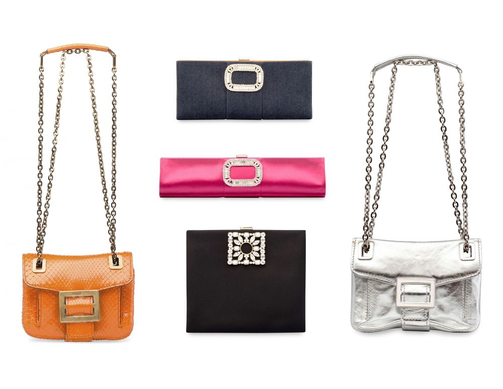 FIVE HANDBAGS: A DENIM CRYSTAL PILGRIM CLUTCH, A FUCHSIA SATIN PILGRIM CLUTCH, A BLACK GROSGRAIN RENDEZ-VOUS EVENING BAG, A SILVER METALLIC LEATHER MICRO RESTYLING METRO BAG AN ORANGE SNAKESKIN MICRO RESTYLING METRO BAG ROGER VIVIER, 2010s