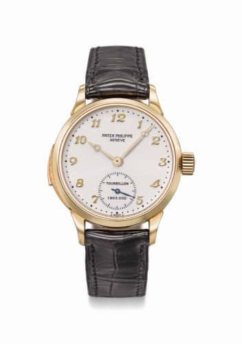 bPATEK PHILIPPE. AN IMPORTANT, VERY FINE AND RARE 18K GOLD MINUTE REPEATING TOURBILLON WRISTWATCH WITH ENAMEL DIAL, BREGUET NUMERALS AND BOX/b