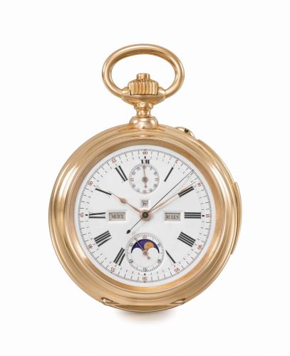 Dürrstein Co. An extremely fine rare and large 18K pink gold openface minute repeating “digital” triple calendar chronograph keyless lever watch with moon phases and instantaneous minute recorder