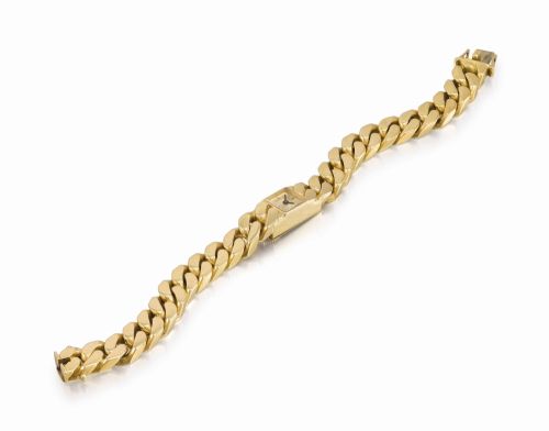 Piaget. A heavy 18K gold rectangular backwound wristwatch with satiné gilt dial and bracelet