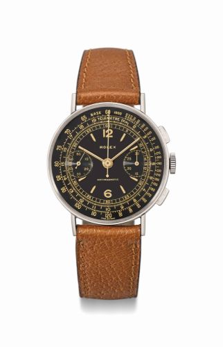Rolex. A very rare and attractive stainless steel chronograph wristwatch with black dial, gilt printing, tachymetre and telemetre scales