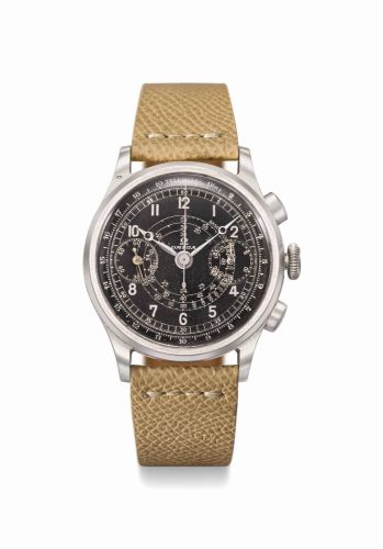 bOMEGA. A RARE, LARGE AND ATTRACTIVE STAINLESS STEEL CHRONOGRAPH WRISTWATCH WITH BLACK MULTI-SCALE DIAL/b