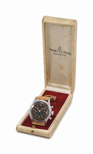 bBREITLING. A FINE, RARE AND ATTRACTIVE STAINLESS STEEL SPLIT SECONDS CHRONOGRAPH WRISTWATCH WITH BLACK DIAL AND BOX/b