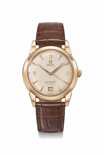 Omega. A fine 18K pink gold automatic wristwatch with honeycomb dial, sweep centre seconds and date