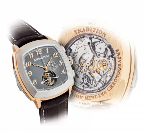 AUDEMARS PIGUET. A FINE, IMPRSESSIVE AND EXTREMELY RARE 18K TWO-COLOUR GOLD LIMITED EDITION CUSHION-SHAPED MINUTE REPEATING CHRONOGRAPH TOURBILLON WRISTWATCH