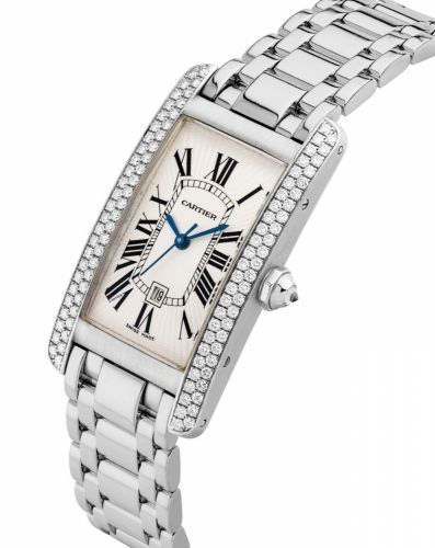 CARTIER. A FINE 18K WHITE GOLD AND DIAMOND-SET RECTANGULAR AUTOMATIC WRISTWATCH WITH SWEEP CENTRE SECONDS, DATE AND BRACELET