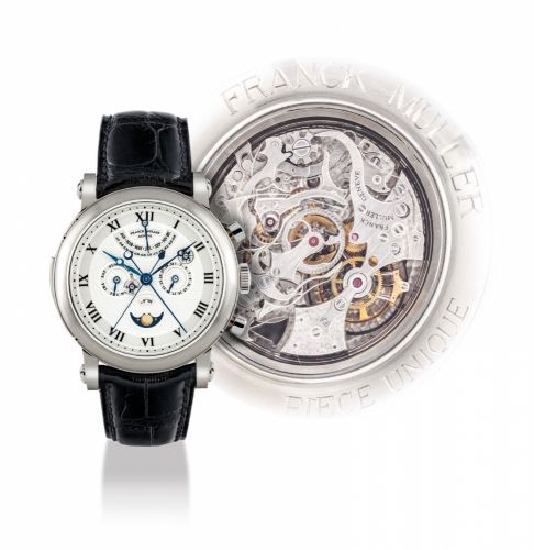 FRANCK MULLER. A UNIQUE AND MAGNIFICENT PLATINUM MINUTE REPEATING TOURBILLON PERPETUAL CALENDAR SPLIT SECONDS CHRONOGRAPH WRISTWATCH WITH EQUATION OF TIME AND MOON PHASES