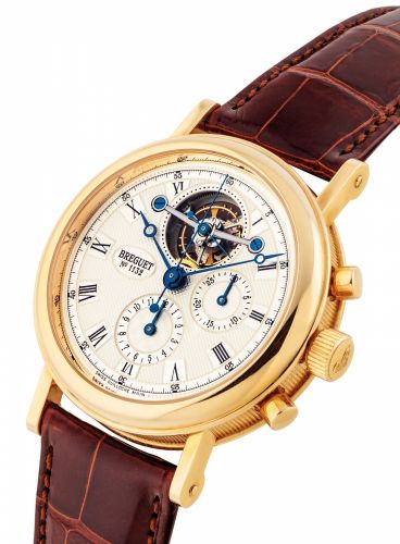 BREGUET. A FINE AND RARE 18K GOLD TOURBILLON CHRONOGRAPH WRISTWATCH