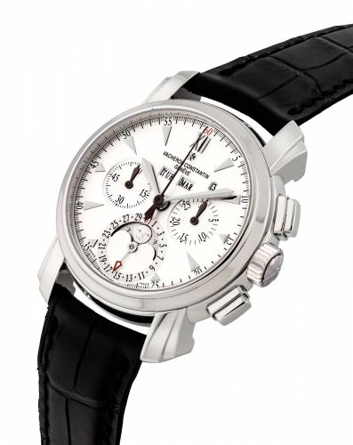 VACHERON CONSTANTIN. A FINE PLATINUM AUTOMATIC PERPETUAL CALENDAR CHRONOGRAPH WRISTWATCH WITH MOON PHASES AND LEAP YEAR INDICATION