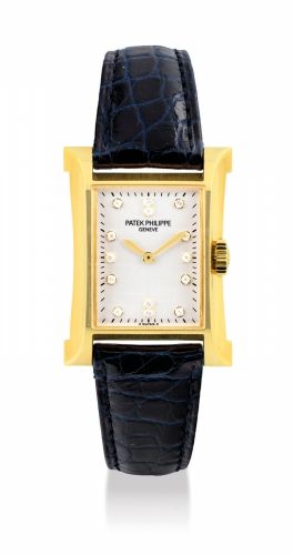 PATEK PHILIPPE. A LADY'S FINE 18K GOLD AND DIAMOND-SET LIMITED EDITION RECTANGULAR WRISTWATCH, MADE TO COMMEMORATE THE OPENING OF PATEK PHILIPPE'S WATCHMAKING CENTRE IN GENEVA IN 1997