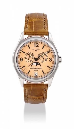 PATEK PHILIPPE. A FINE AND RARE PLATINUM LIMITED EDITION AUTOMATIC ANNUAL CALENDAR WRISTWATCH WITH SWEEP CENTRE SECONDS, POWER RESERVE, MOON PHASES, SILINVAR SPRIOMAX BALANCE SPRING AND PULSOMAX ESCAPEMENT