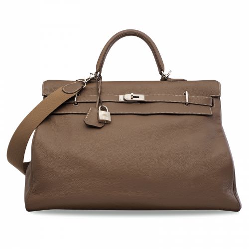 AN ÉTOUPE CLÉMENCE LEATHER RETOURNÉ KELLY VOYAGE 50 WITH PALLADIUM HARDWARE