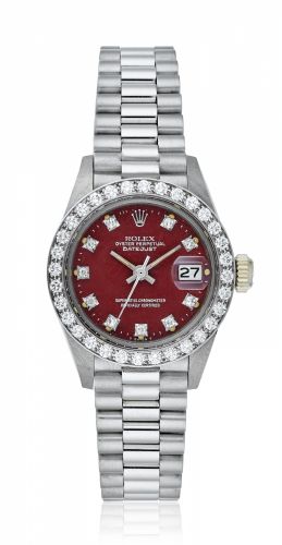 ROLEX, LADIES DATEJUST WITH DIAMOND BEZEL AND OXBLOOD LACQUERED DIAL, REF. 6913