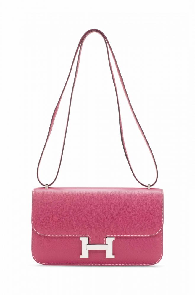 SAC CONSTANCE ÉLAN EN CUIR EPSOM ROSE TYRIEN, GARNITURE EN MÉTAL ARGENTÉ PALLADIÉ