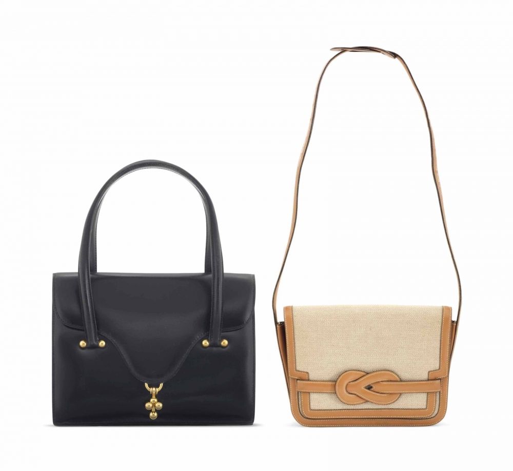 SAC LOTO EN VEAU BOX NOIR, GARNITURE EN MÉTAL DORÉSAC DIANE EN VEAU BOX GOLD TOILE