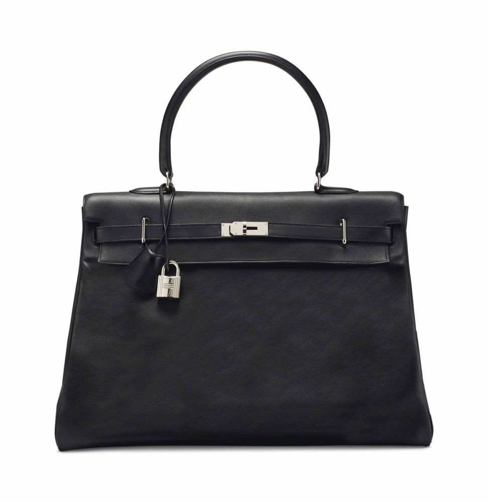 SAC KELLY RELAX 50 EN CUIR SIKKIM NOIR, GARNITURE EN MÉTAL ARGENTÉ PALLADIÉ