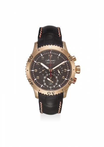 BREGUET. AN EXTREMELY FINE 18K ROSE GOLD CHRONOGRAPH DUAL TIME AUTOMATIC WRISTWATCH WITH DATE, ORIGINAL CERTIFICATE AND BOX