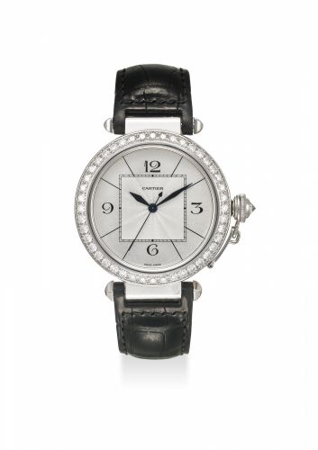 CARTIER. A FINE 18K WHITE GOLD DIAMOND LADIE’S AUTOMATIC WRISTWATCH