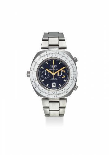 HEUER. A FINE STAINLESS STEEL CHRONOGRAPH WRISTWATCH WITH DATE, SLIDING SCALE RULE BEZEL AND BRACELET