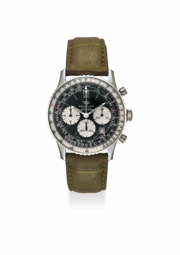 BREITLING. A FINE AND LARGE STAINLESS STEEL PILOT'S CHRONOGRAPH WRISTWATCH WITH BLACK DIAL AND DATE, MADE FOR THE KINGDOM OF JORDAN