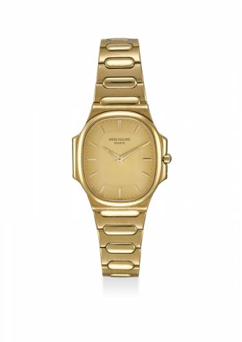 PATEK PHILIPPE. A FINE AND RARE 18K YELLOW GOLD QUARTZ WRISTWATCH WITH BRACELET AND FITTED, EXTRACT FROM THE ARCHIVE AND PRESENTATION BOX