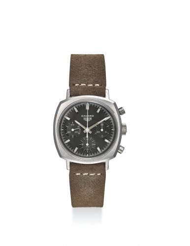 HEUER. A RARE AND FINE STAINLESS STEEL CUSHION-SHAPED CHRONOGRAPH MANUAL WINDING WRISTWATCH