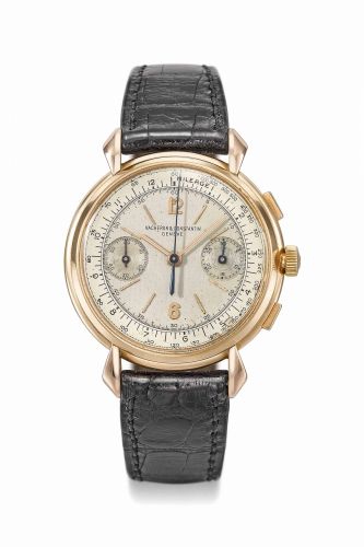 VACHERON CONSTANTIN. A RARE AND ATTRACTIVE 18K PINK GOLD CHRONOGRAPH WRISTWATCH WITH TWO-TONE SILVERED DIAL AND BOX