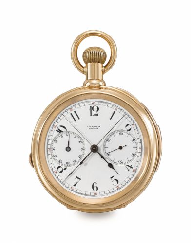 C.H. Meylan. A fine 18K pink gold openface minute repeating split seconds chronograph keyless lever watch with American case