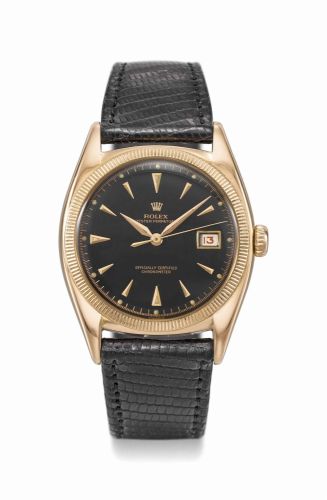 ROLEX. A RARE AND ATTRACTIVE 18K PINK GOLD AUTOMATIC WRISTWATCH WITH SWEEP CENTRE SECONDS, RED DATE AND BLACK GLOSS DIAL
