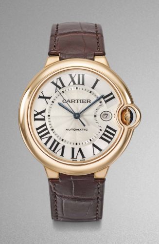 bCARTIER. A FINE AND LARGE 18K PINK GOLD AUTOMATIC WRISTWATCH, WITH /bbSWEEP CENTRE SECONDS, DATE, TWO-TONE SILVERED DIAL, ORIGINAL GUARANTEE AND BOX/b