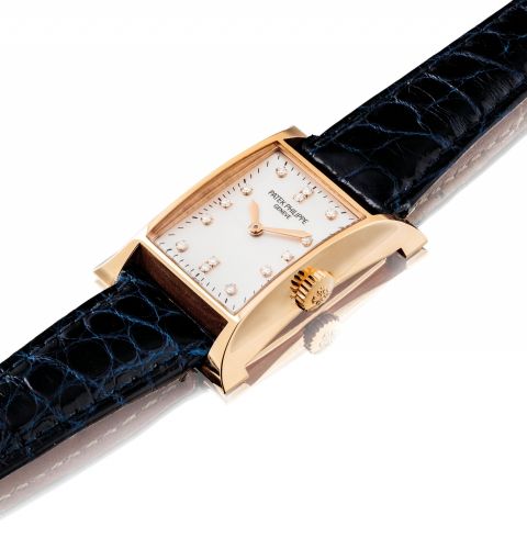 PATEK PHILIPPE. A LADY/bb’/bbS FINE 18K PINK GOLD AND DIAMOND-SET LIMITED EDITION RECTANGULAR WRISTWATCH /bbM/bbADE TO COMMEMORATE THE OPENING OF PATEK/bb /bbPHILIPPE/bb’/bbS WATCHMAKING CENTRE IN GENEVA IN 1997/bb