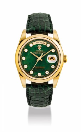ROLEX. A RARE AND ATTRACTIVE 18K GOLD AUTOMATIC WRISTWATCH WITH SWEEP CENTRE SECONDS, DAY, DATE, GREEN BLOODSTONE AND DIAMOND-SET DIAL