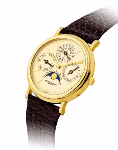 VACHERON CONSTANTIN. A FINE 18K GOLD AUTOMATIC PERPETUAL CALENDAR WRISTWATCH WITH MOON PHASES AND LEAP YEAR INDICATION