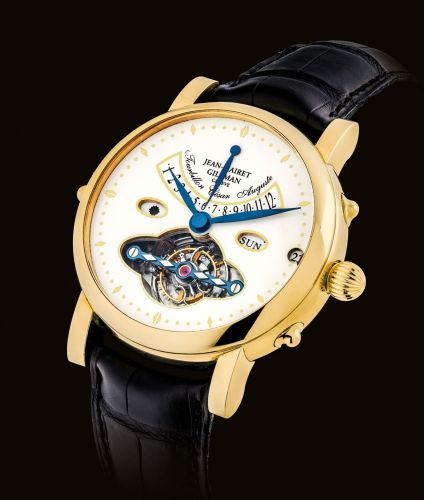 JEAN-MAIRET GILLMAN. A VERY FINE 18K GOLD TOURBILLON WRISTWATCH WITH RETROGRADE DUAL TIME DISPLAY, DAY, DATE AND DAY/bb//bbNIGHT INDICATION