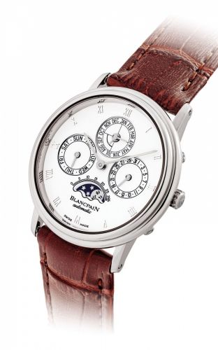 BLANCPAIN. A FINE PLATINUM AUTOMATIC PERPETUAL CALENDAR WRISTWATCH WITH MOON PHASES AND LEAP YEAR INDICATION