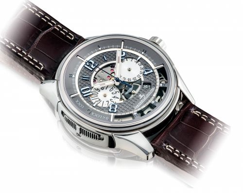 JAEGER-LECOULTRE. A FINE AND RARE PLATINUM LIMITED EDITION AUTOMATIC SEMI-SKELETONISED CHRONOGRAPH WRISTWATCH WITH VERTICAL TRIGGER MECHANISM AND DATE