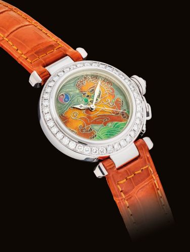 CARTIER. A LADY'S FINE AND VERY RARE 18K WHITE GOLD AND DIAMOND-SET LIMITED EDITION AUTOMATIC WRISTWATCH WITH SWEEP CENTRE SECONDS AND ENAMEL DIAL