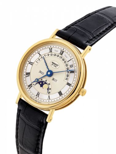 BREGUET. A FINE 18K PINK GOLD AUTOMATIC PERPETUAL CALENDAR WRISTWATCH WITH MOON PHASES, RETROGRADE DATE AND LEAP YEAR INDICATION