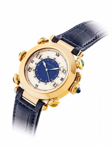 CARTIER. AN UNUSUAL AND ATTRACTIVE 18K GOLD AND GEM-SET WRISTWATCH WITH SWEEP CENTRE SECONDS AND STROKE COUNTERS