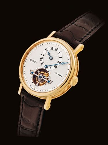 BREGUET. A VERY FINE AND RARE 18K GOLD AUTOMATIC TOURBILLON WRISTWATCH WITH REGULATOR-STYLE DIAL